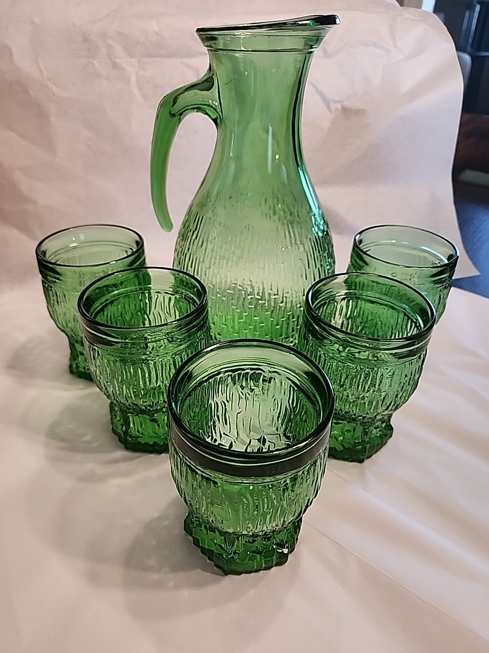 Vtg Italian Green Glass Pitcher & 5 Glasses Tumblers Hexagon Base Lemonade Italy